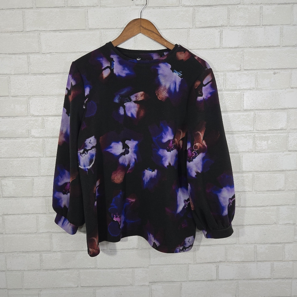 Chico's Black Floral-Print Pullover Sweatshirt with Purple & Rust Accents